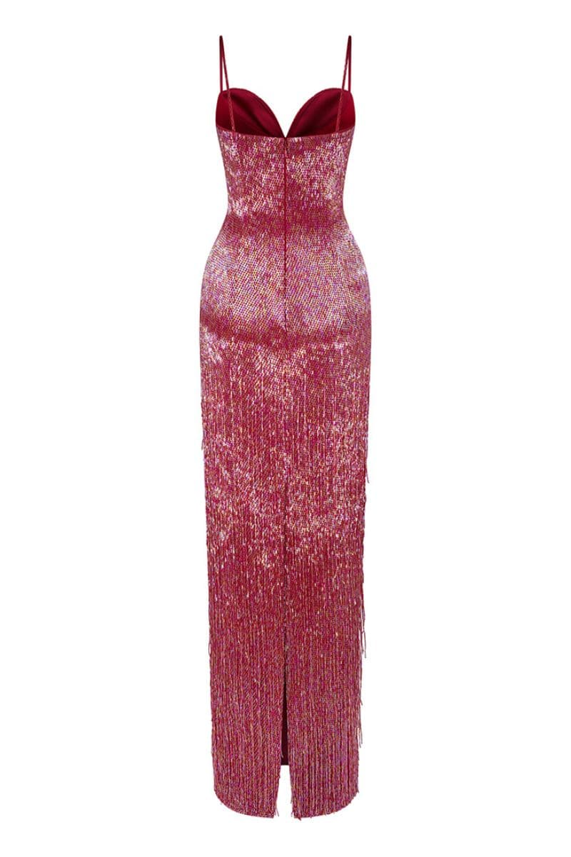 OYSTER RED LONG BEADED GOWN - CULT MIA