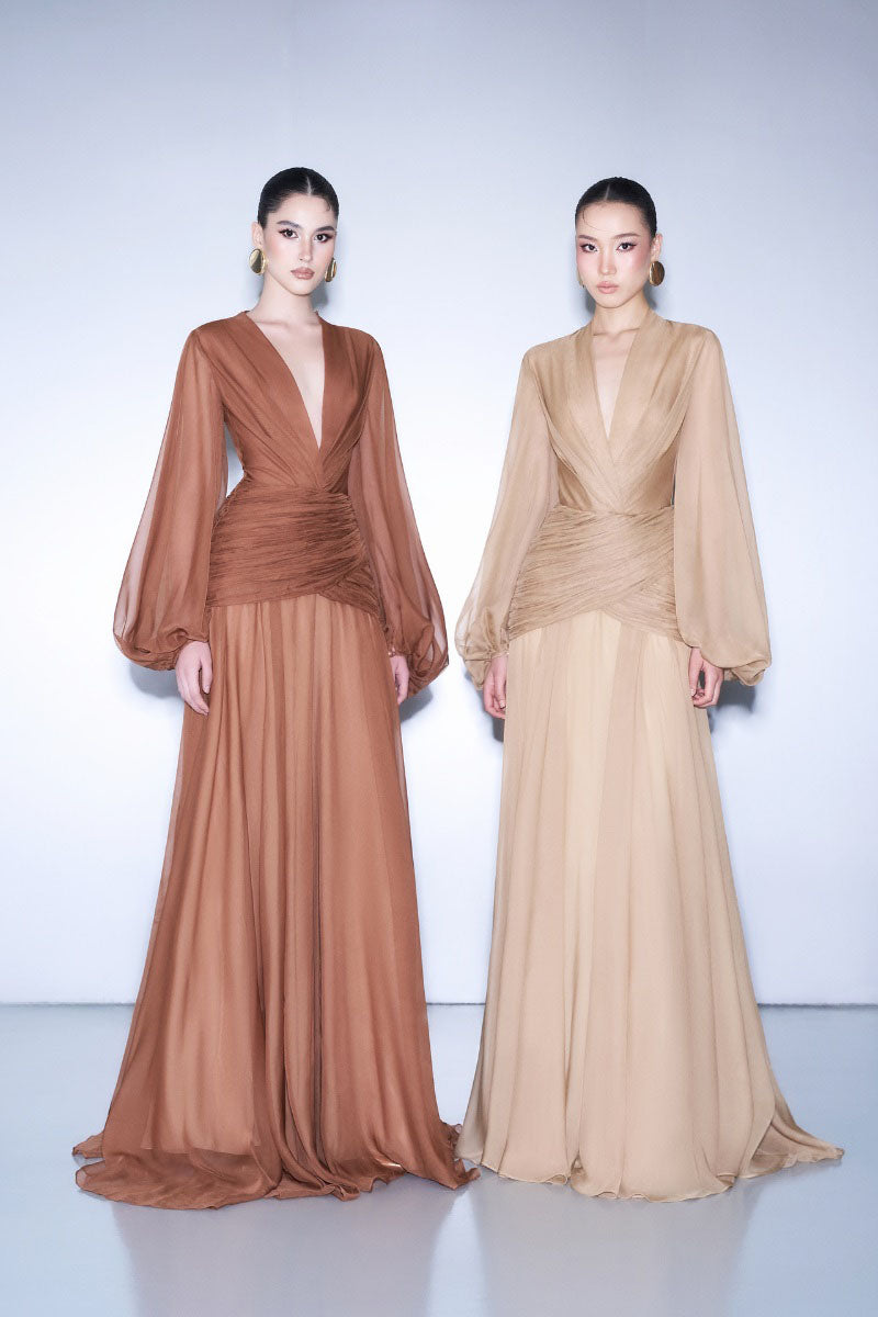 BEIGE V-NECK LONG-SLEEVE MAXI DRESS