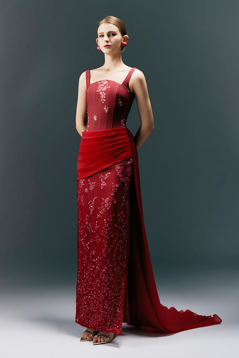 Burundy CULT MIA X HAPPY CLOTHING square neck long gown with elegant design, perfect for formal occasions.