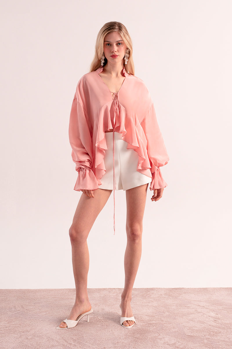 Overthesea splash pink blouse, stylish women's top with a flowy design and vibrant color, displayed on a mannequin.