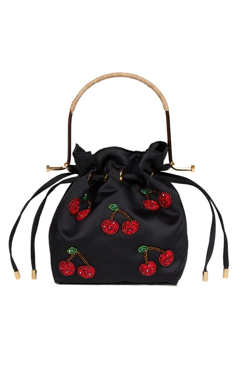 Waiwai Rio BEL CETIM cherry top handle bag with satin finish and structured design, featuring a sleek, elegant look.