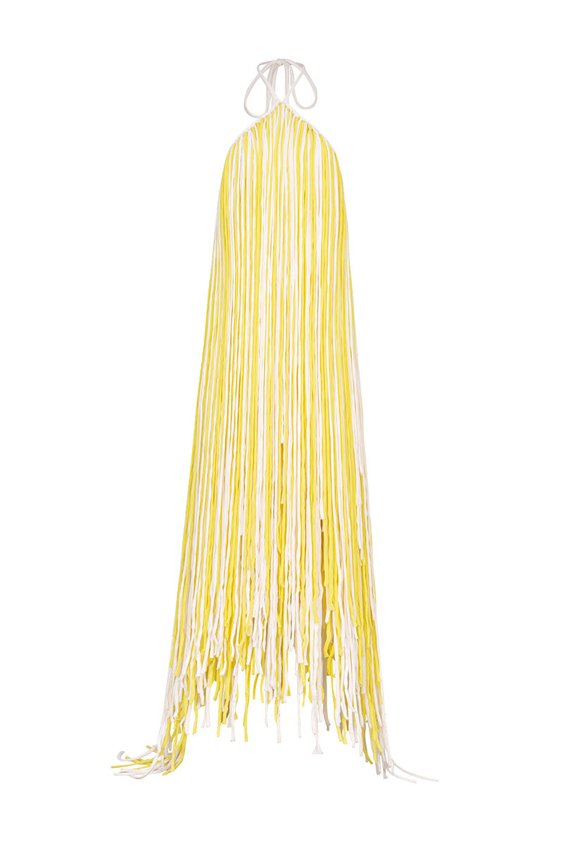 HALTER NECK FRINGED DRESS IN YELLOW