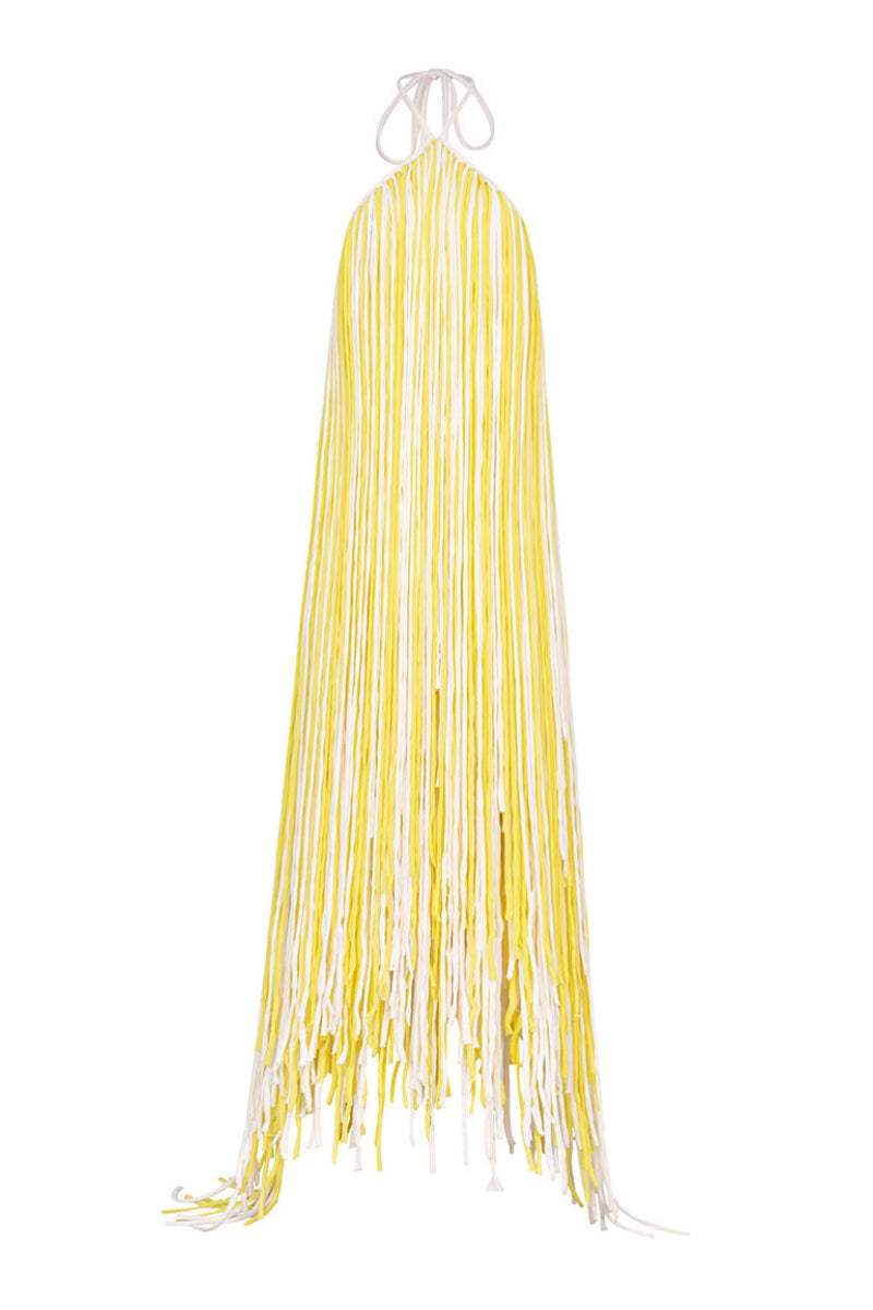Yellow Valenciani halter neck fringed maxi dress with flowing fabric and stylish design, perfect for summer occasions.