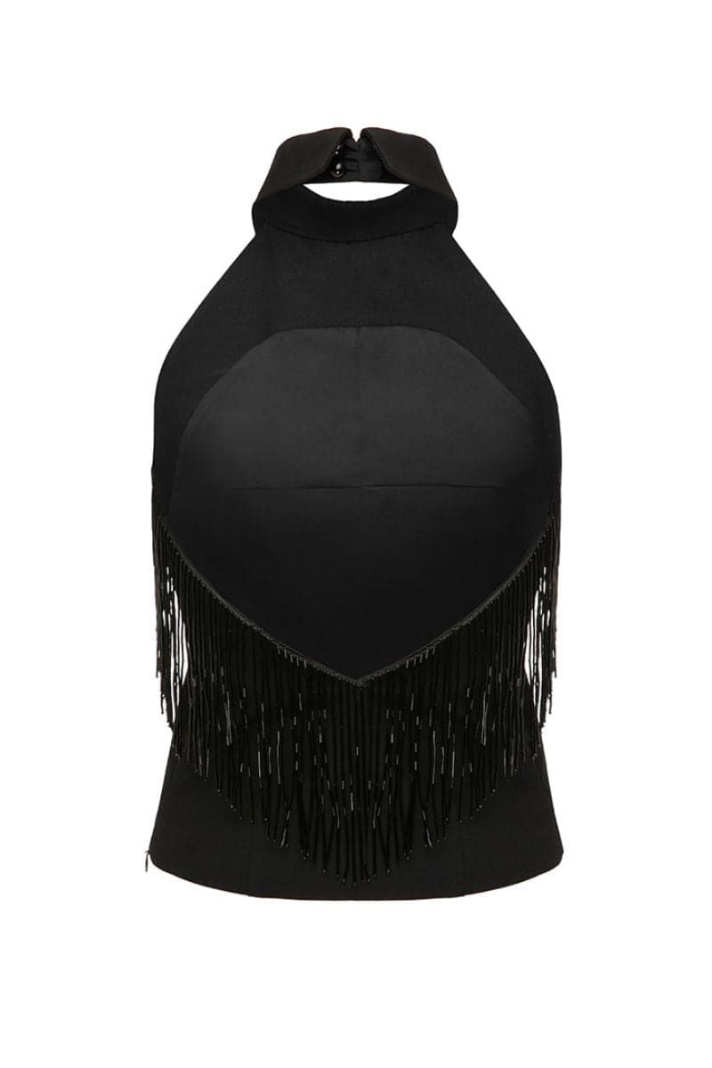 BLACK TOP WITH BEADED FRINGE - CULT MIA