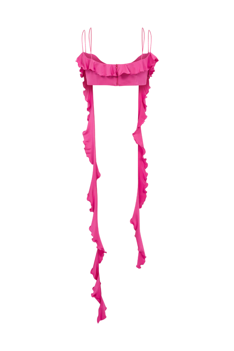 Pink Sudi Etuz crop top with ruffles and short sleeves, stylish jersey top for casual or fashionable wear.