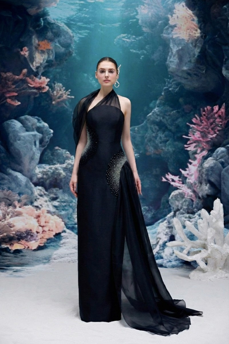 Black Leilani Royal Taffeta gown by 21Six, elegant dress with flowing taffeta fabric, perfect for formal occasions.