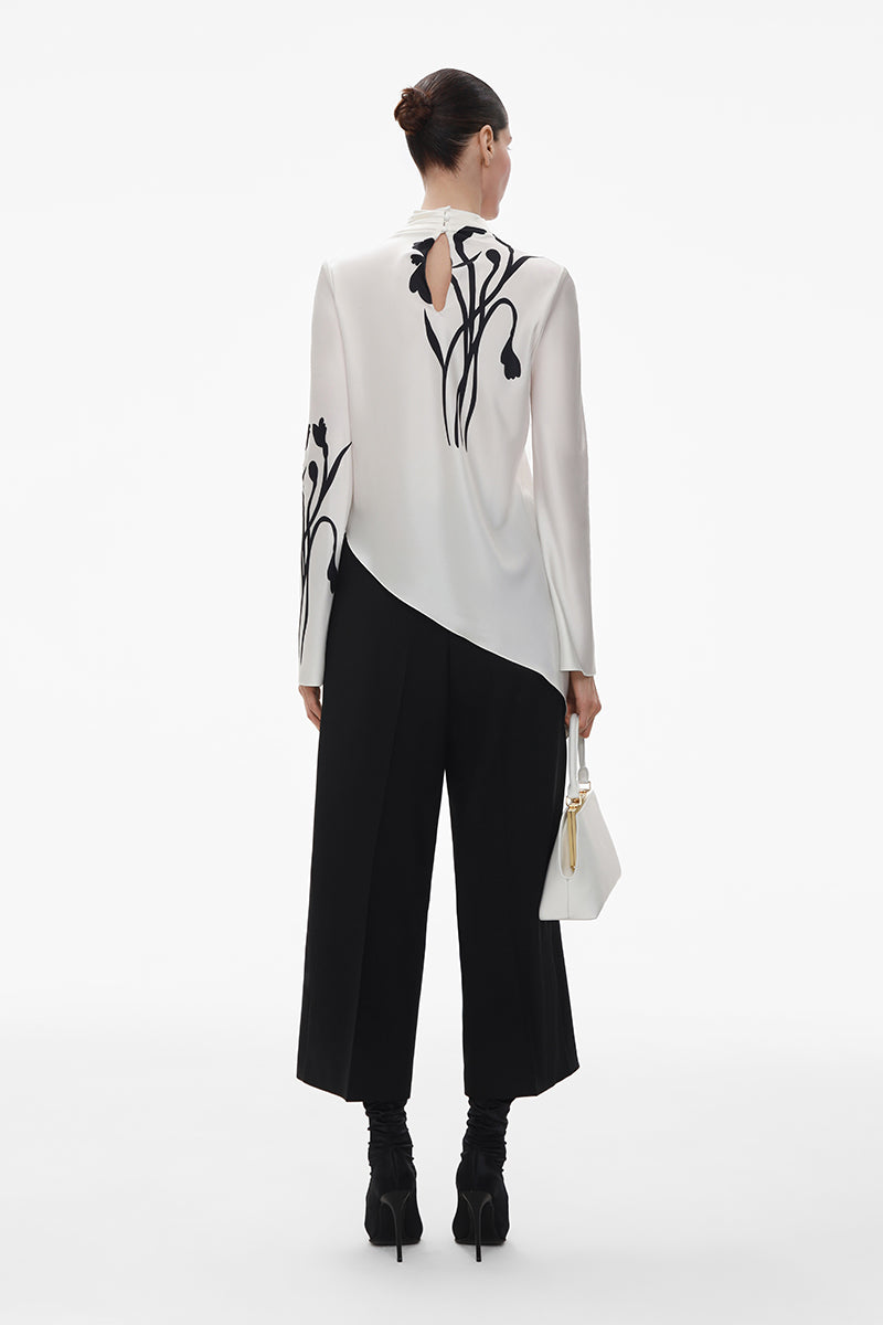 Elenareva ivory silk blouse with floral print, long sleeves and relaxed fit, casual elegant top for women.