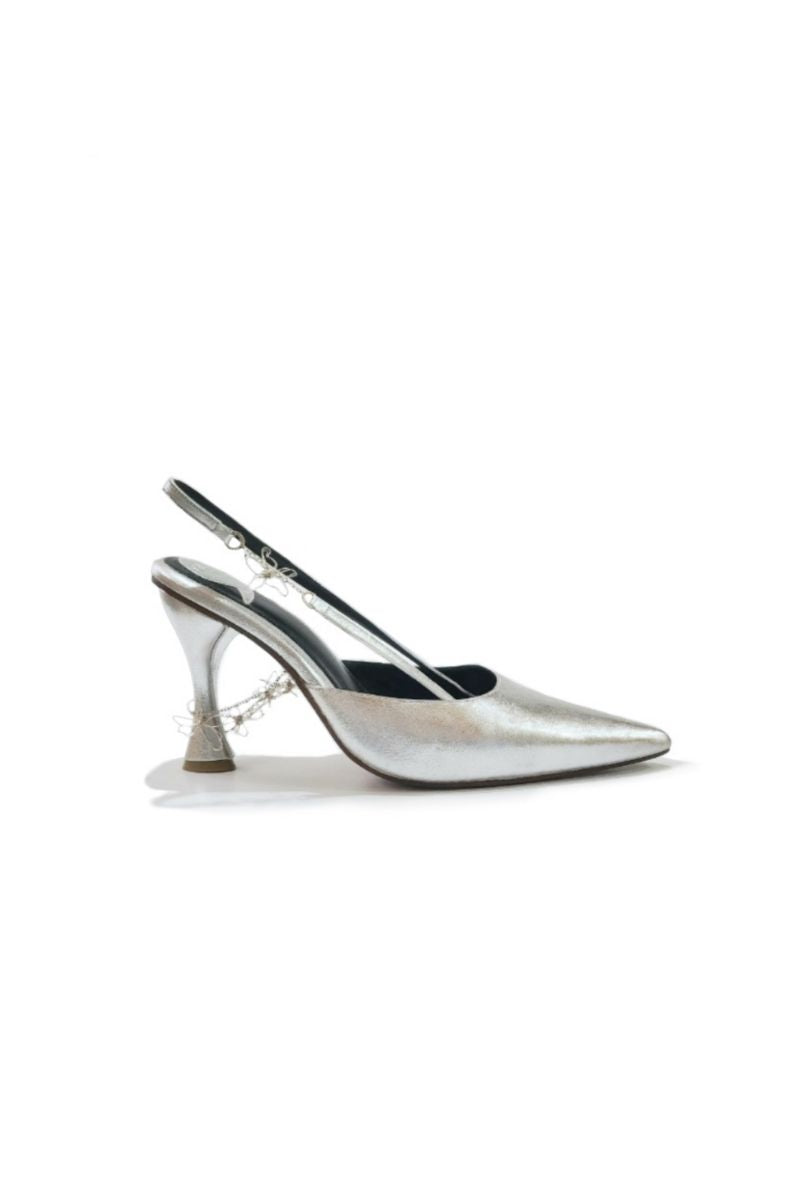 Christin Wu Shea Gray slingback heels with pointed toes and ankle straps, stylish footwear for women.