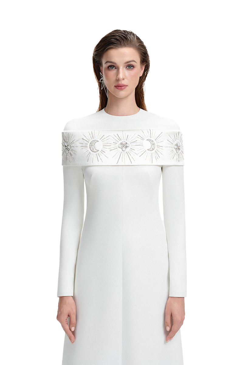 ROUND NECK SHOULDER CRYSTAL EMBELLISHED GOWN - CULT MIA
