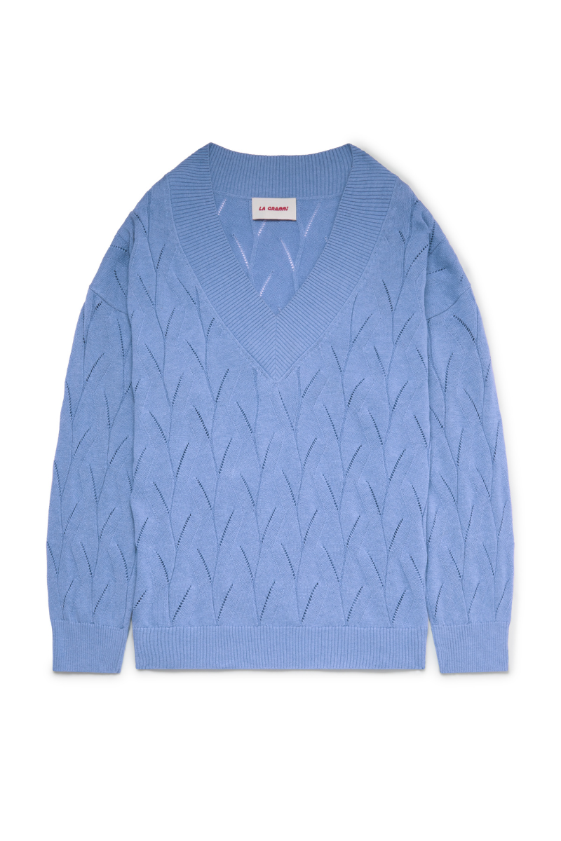 Light blue oversized V-neck jumper sweater by La Granni featuring a relaxed fit and soft knit fabric.