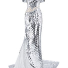 Silver HACCHIC COUTURE gown with elegant draping and intricate details, perfect for formal occasions.