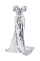 Silver HACCHIC COUTURE gown with elegant draping and intricate details, perfect for formal occasions.
