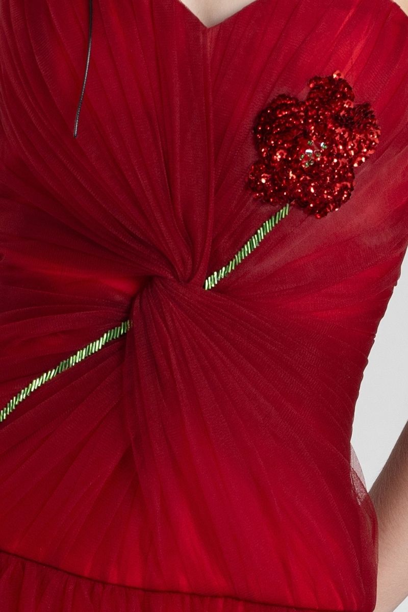 ALENA RED A-LINE SWEETHEART NECK MESH GOWN - CULT MIA