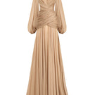 Beige V-neck long-sleeve maxi dress by CEM, flowing fabric and elegant design perfect for casual or formal occasions.