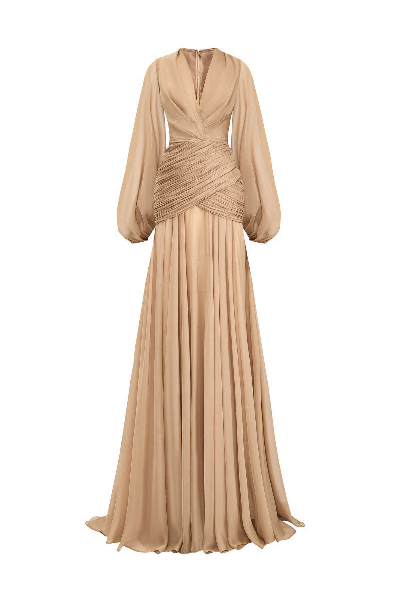 BEIGE V-NECK LONG-SLEEVE MAXI DRESS