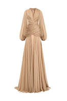 Beige V-neck long-sleeve maxi dress by CEM, flowing fabric and elegant design perfect for casual or formal occasions.