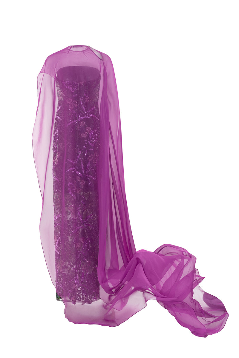 Valenciani strapless sequin gown with a long train cape, elegant formal dress for special occasions.