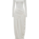 White Plan AURÉLIA draped maxi dress with flowing fabric and elegant design, shown in a full-length view.