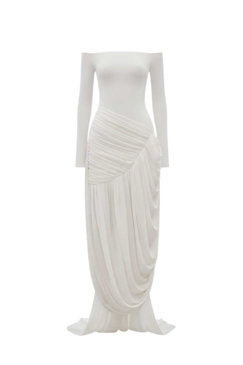 White Plan AURÉLIA draped maxi dress with flowing fabric and elegant design, perfect for stylish occasions.