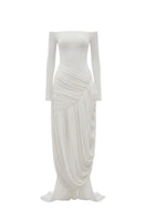 White Plan AURÉLIA draped maxi dress with flowing fabric and elegant design, shown in a full-length view.