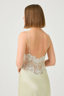 Bocan Couture Caroline long rayon nightgown with light green lace trim, flowing fabric, and elegant design.