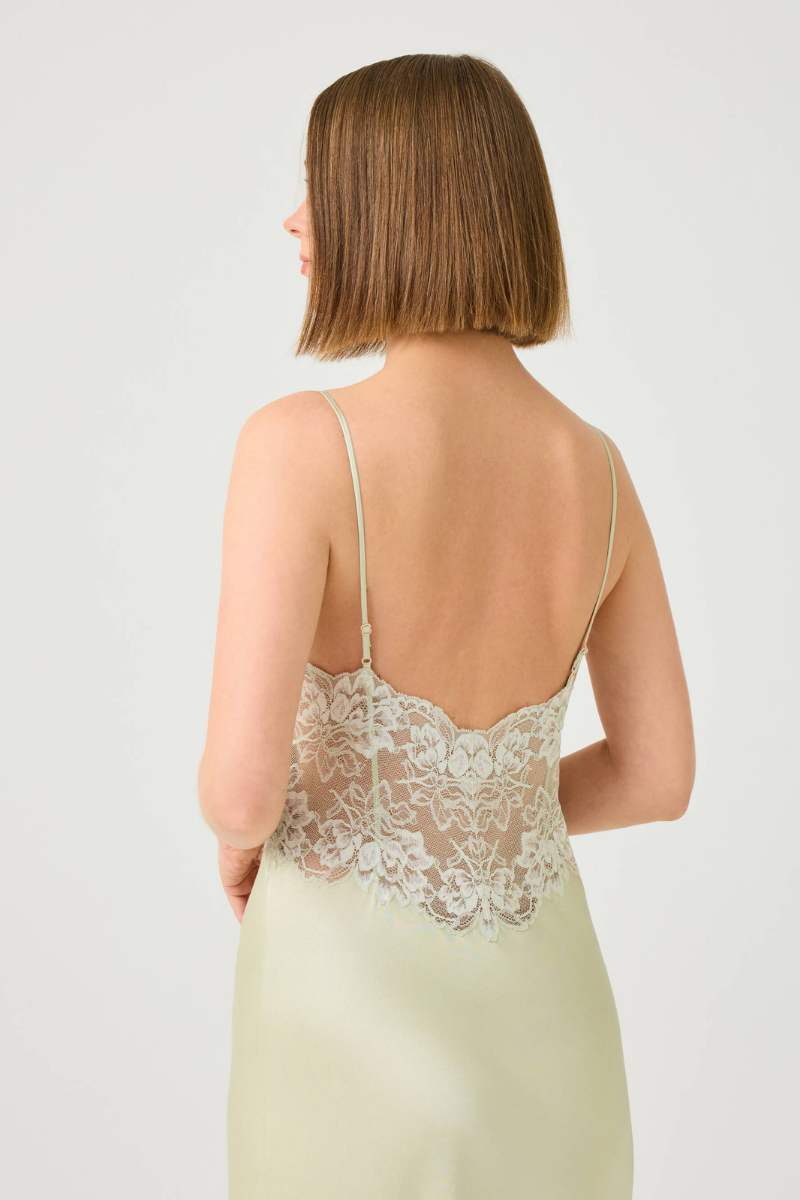 Bocan Couture Caroline long rayon nightgown with light green lace trim, flowing fabric, and elegant design.