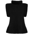 Black Lalo knitted sweater, close-up of cozy, textured knit fabric with a round neckline and long sleeves.