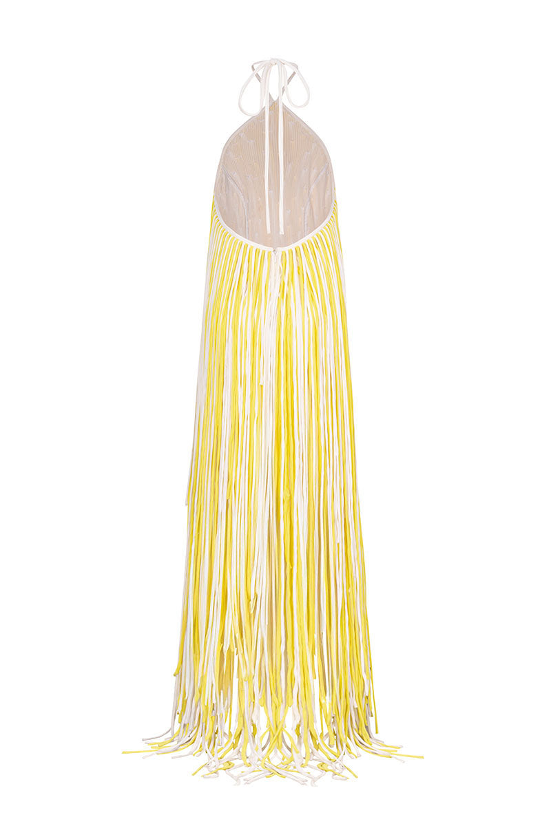 HALTER NECK FRINGED DRESS IN YELLOW | CULT MIA
