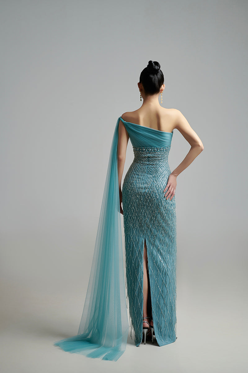 A-LINE ONE SHOULDER ORGANZA MAXI DRESS - CULT MIA