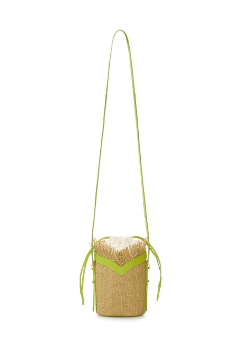 Beige Vikele Studio mini bucket shoulder bag with drawstring closure and adjustable strap, casual and compact accessory.