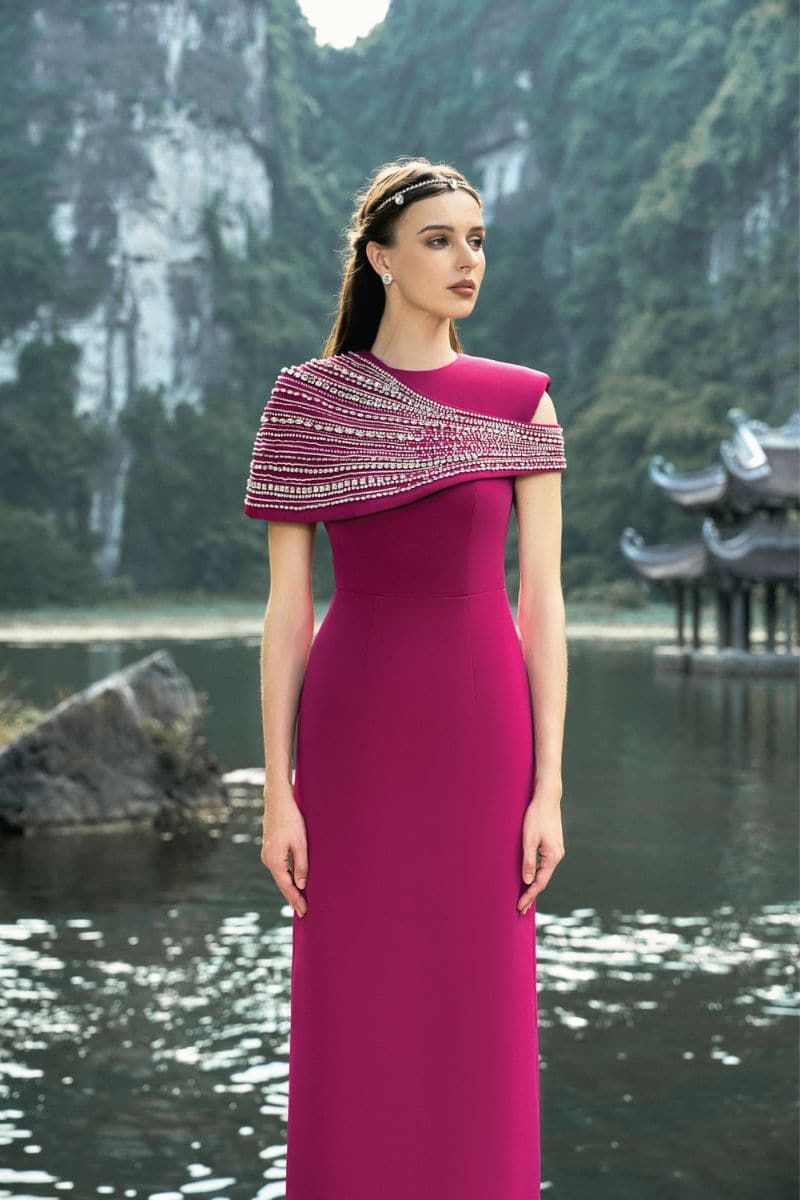 STONE EMBELLISHED ASYMMETRIC CAPE GOWN - CULT MIA