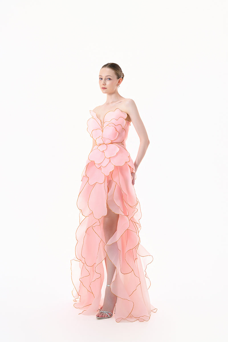 Blooming Blush Rose tiered gown by Happy Clothing featuring a flowing, layered design in soft blush pink.