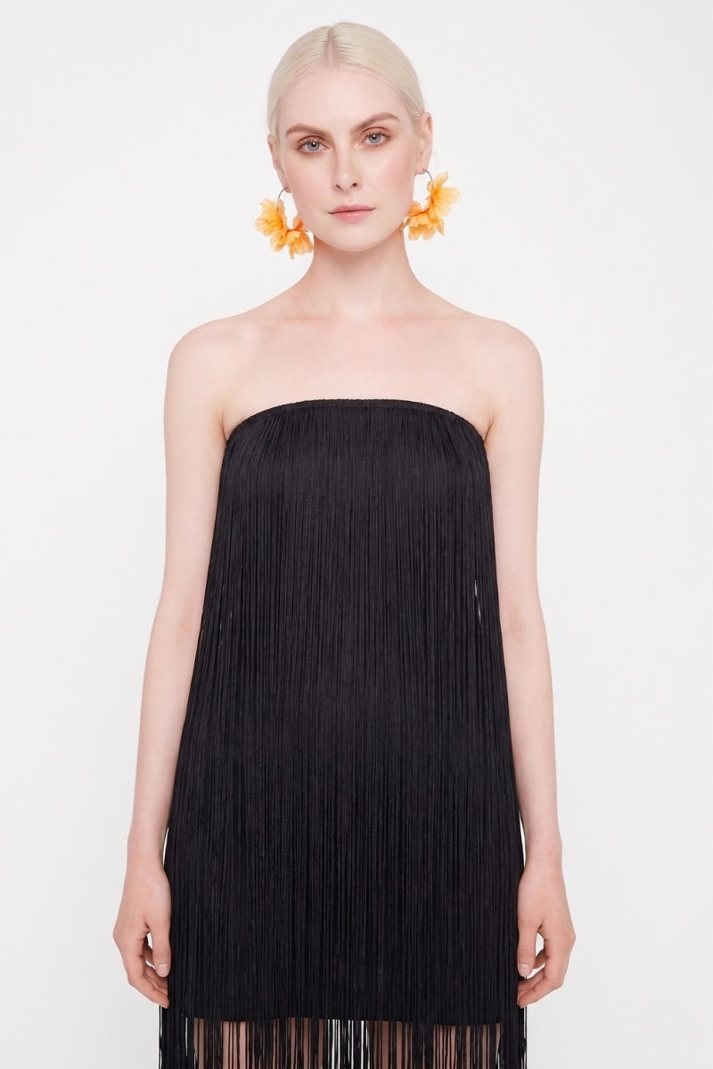 Black Valenciani all-over fringe midi dress featuring flowing fringe details and a stylish midi length for a chic look.