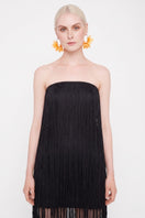 Black Valenciani all-over fringe midi dress featuring flowing fringe details and a stylish midi length for a chic look.