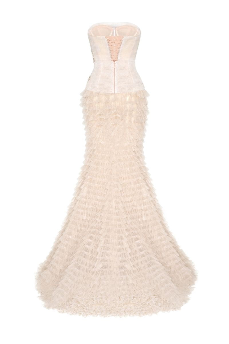 IVORY BOW TIE BEADED GOWN - CULT MIA