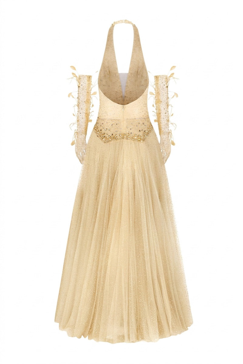 Beige Muriel glitter tulle gown with coral glitter tulle gloves by 21Six, featuring elegant flowing fabric and shimmering details.