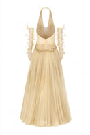 Beige and coral glitter tulle gown with matching glitter tulle gloves by 21Six, featuring elegant, flowing fabric and intricate details.