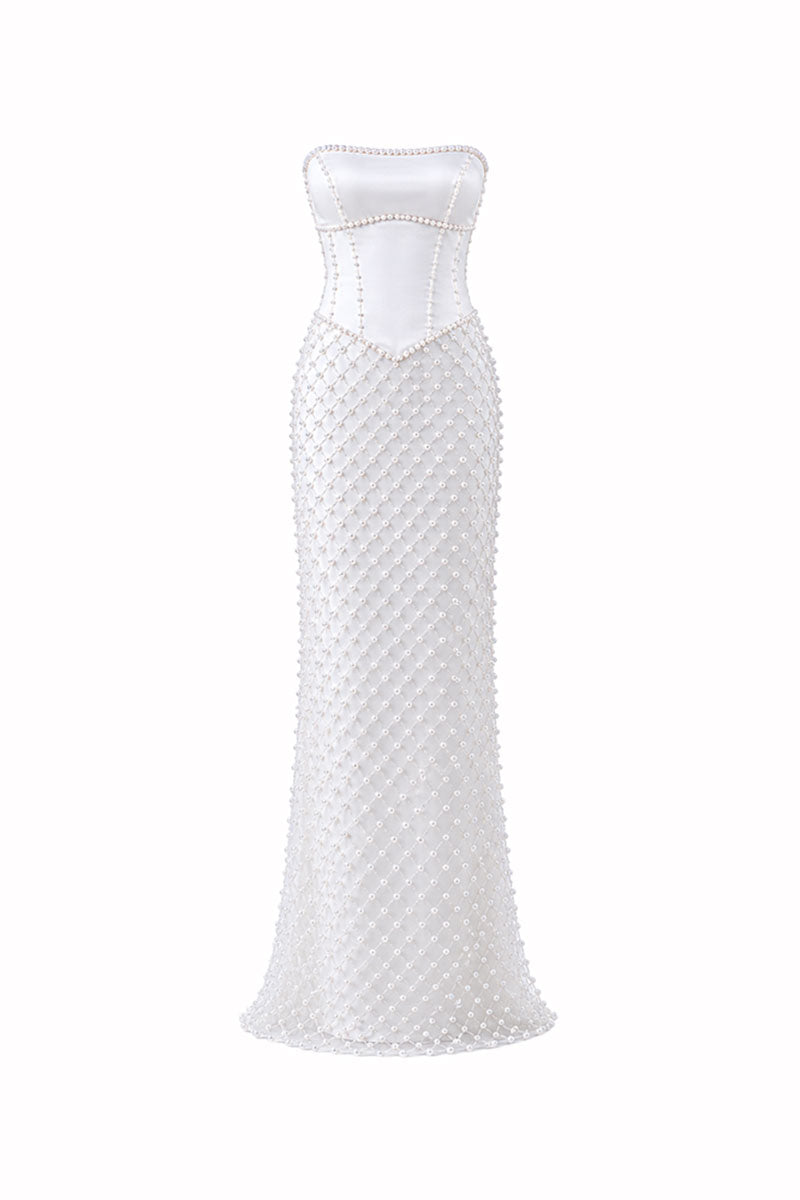 Ivory Camellia Pearl Corset Maxi Dress by HACCHIC COUTURE featuring a fitted corset top and flowing skirt.