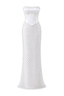 Elegant ivory Camellia Pearl corset gown by HACCHIC COUTURE, featuring intricate pearl detailing and a flowing gown silhouette.
