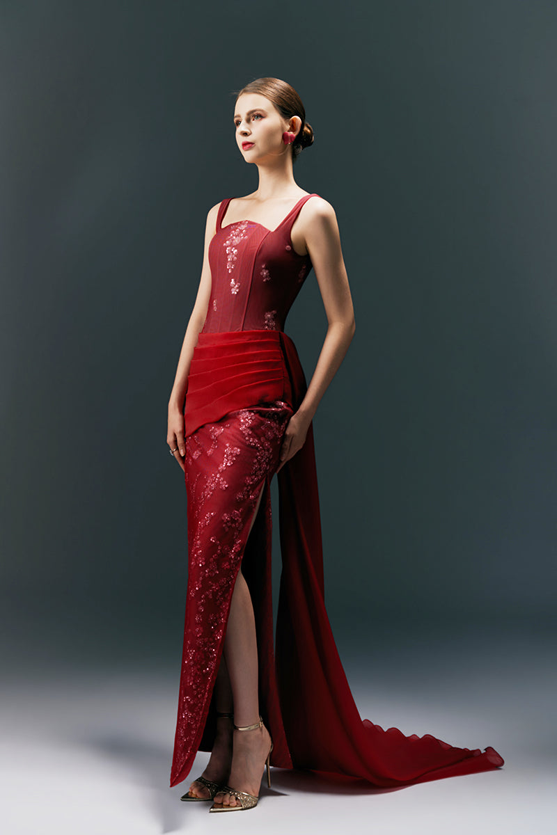 HAPPY CLOTHING CULT MIA X burgundy long gown with square neckline, flowing fabric, and elegant design.