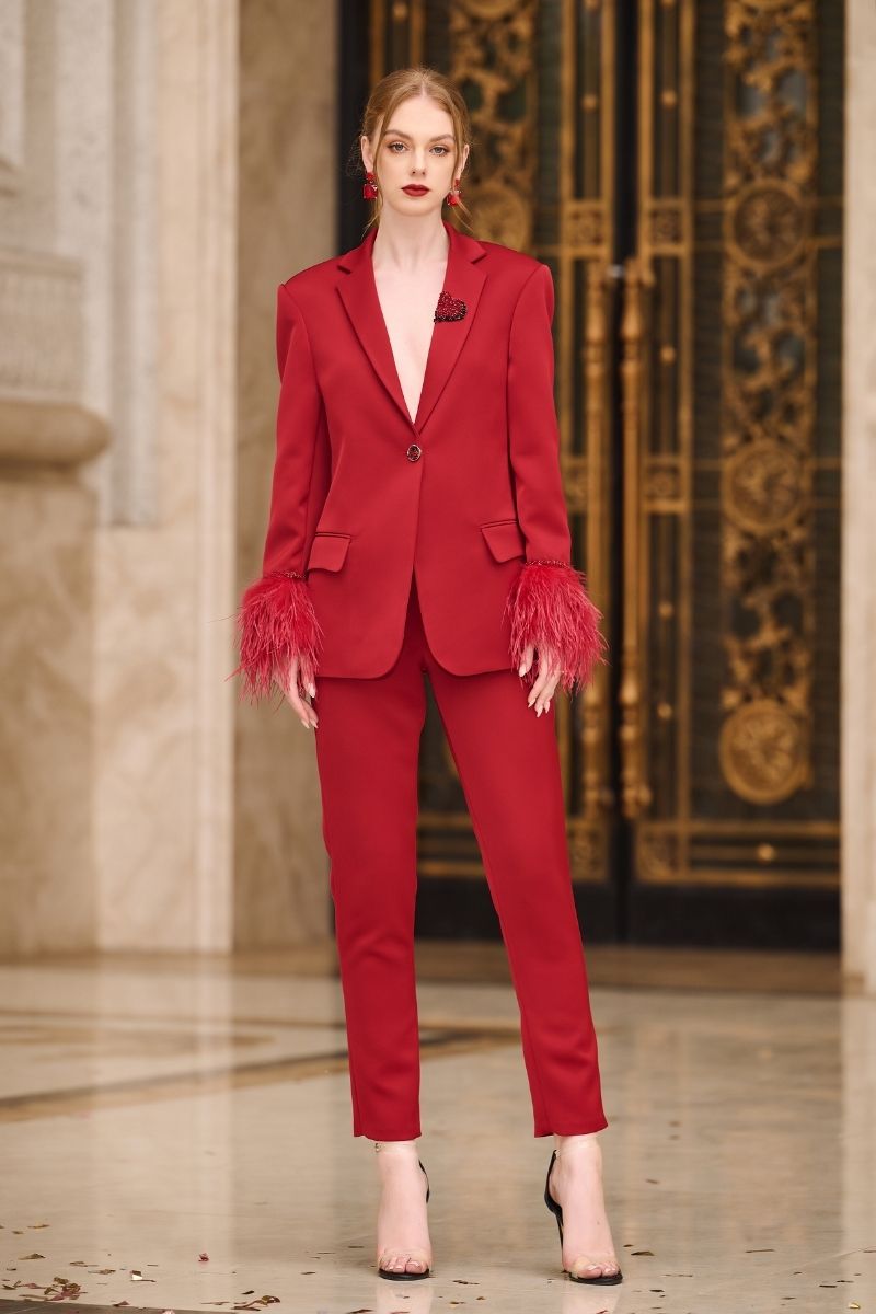 RED KELLY TAFFETA FEATHER SUIT JACKET AND PANTS SET - CULT MIA
