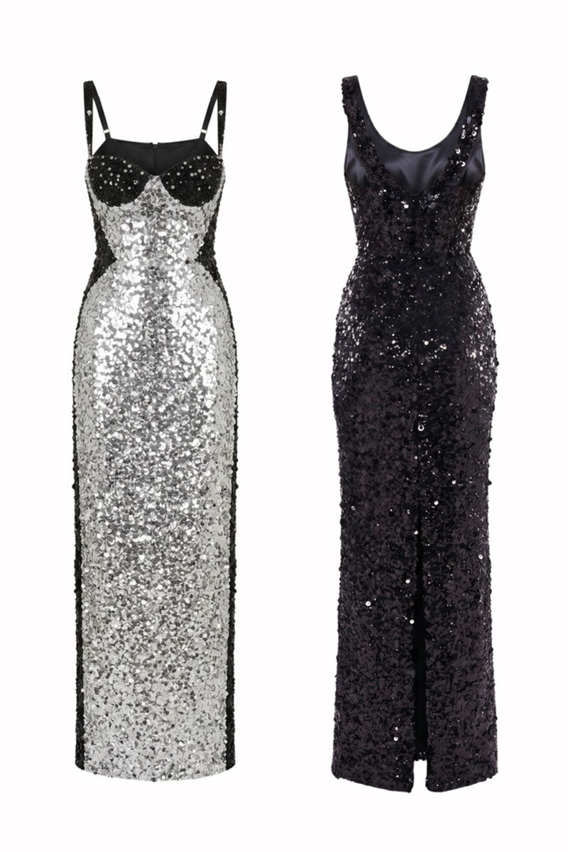 HACCHIC COUTURE Stella contrast sequin gown in silver and black, elegant maxi dress with shimmering details and flowing fabric.
