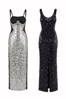 HACCHIC COUTURE Stella contrast sequin gown in silver and black, featuring a flowing design and elegant evening style.