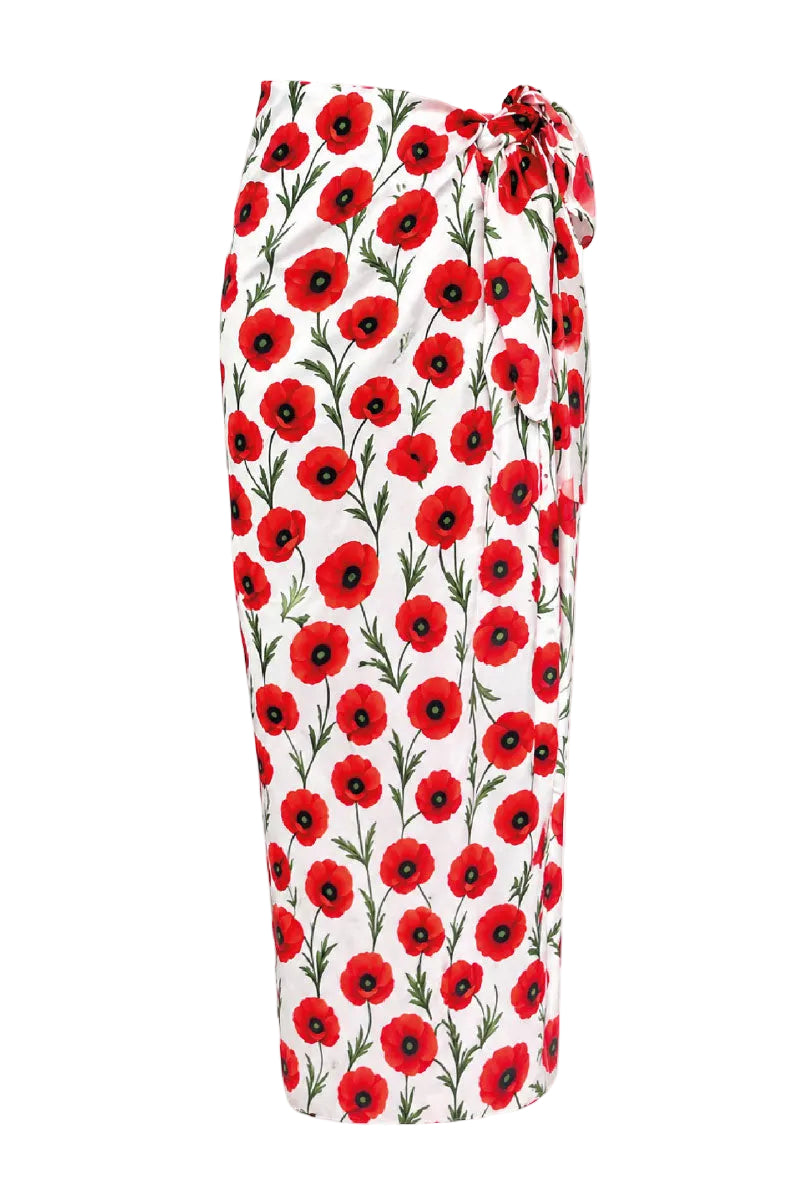 White poppy print Verdelimon pareo cover-up with flowing fabric and tied waist, perfect for beach or poolside wear.