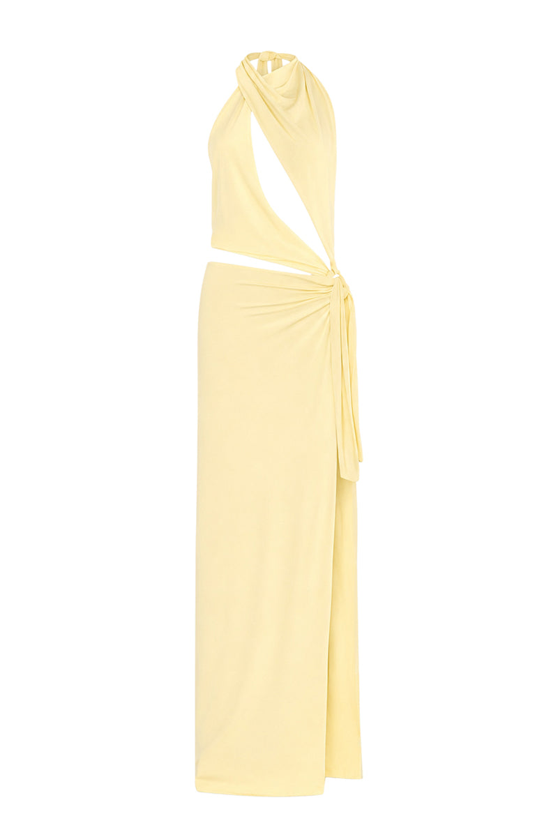Butter yellow AWAVE maxi dress with cut-out detailing, flowing fabric, and a stylish, elegant silhouette.
