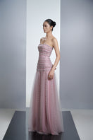 Dusty pink embellished hooded mesh gown by Happy Clothing, featuring intricate details and flowing fabric.