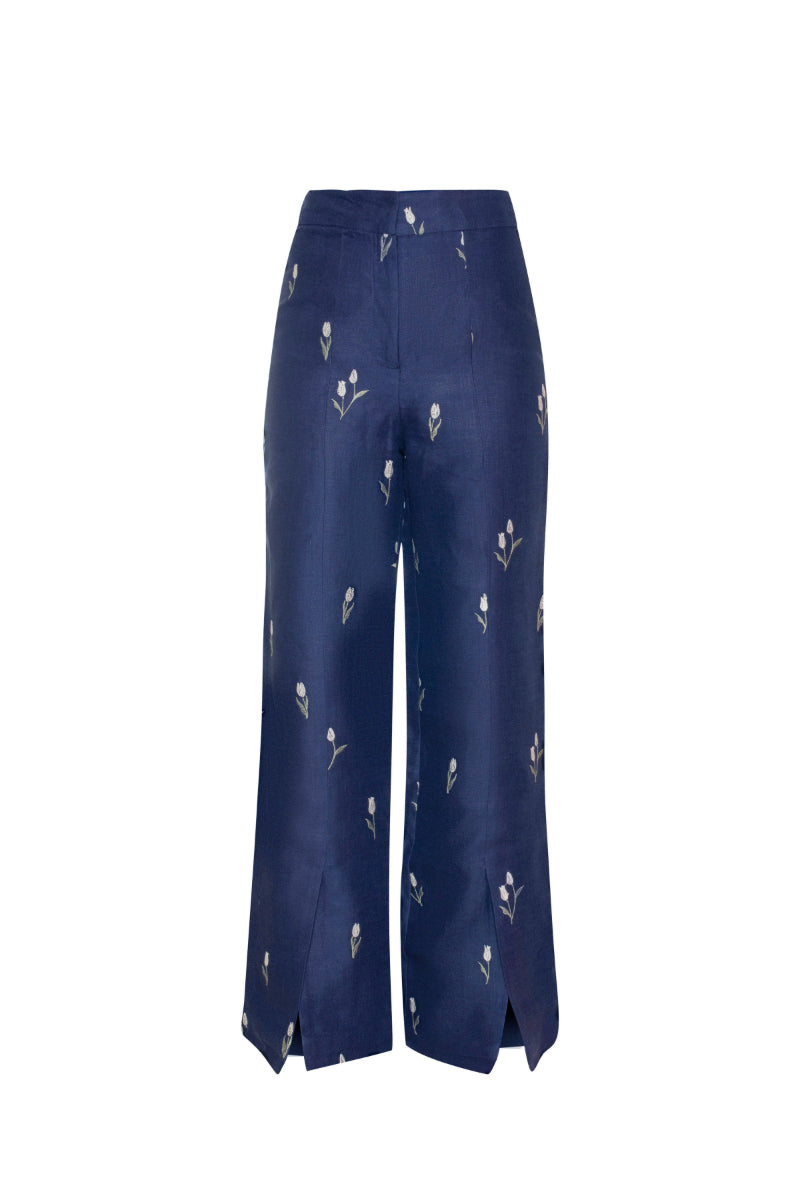 Estefania lovely navy tulip pants with a stylish, flowy design and tailored fit, shown on a model.