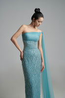 Elegant A-line one-shoulder organza gown by Happy Clothing, featuring flowing fabric and a stylish neckline.