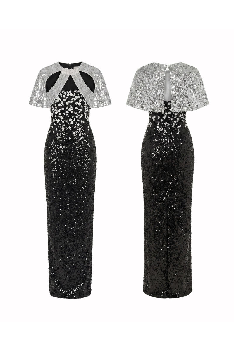 HACCHIC COUTURE Luna Crystal Cape Gown in black with silver embellishments, elegant maxi dress featuring a flowing silhouette and crystal details.