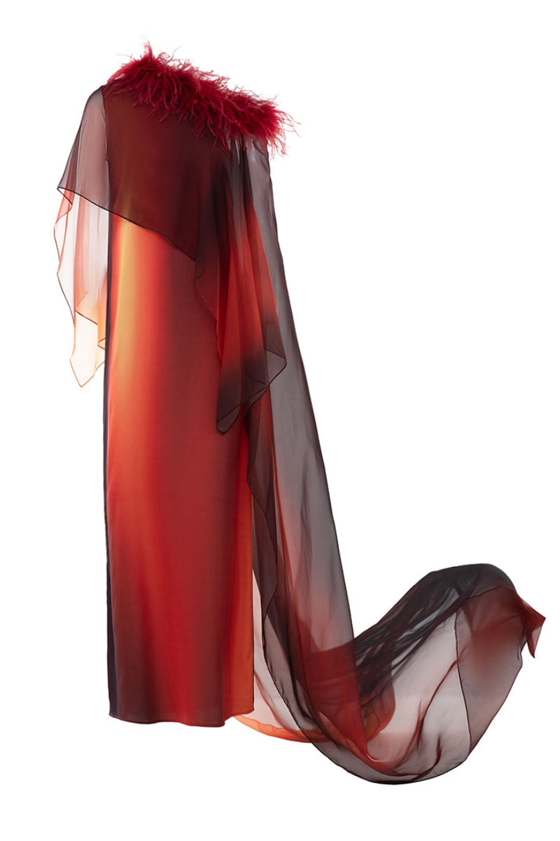 Valenciani printed gown with matching orange cape featuring detachable ostrich feather trim, elegant evening wear.